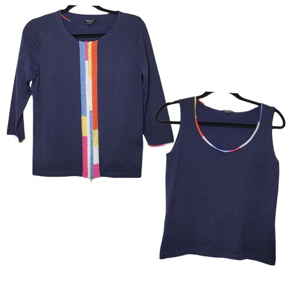 Worth New York Navy Blue Rainbow trim Tank and Cardigan womens size Small